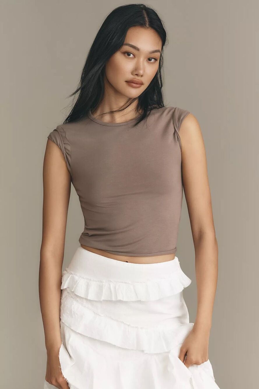 Anthropologie The Evan Raw Edge Baby Tee Short sleeve  Mink Tan XS NWOT
